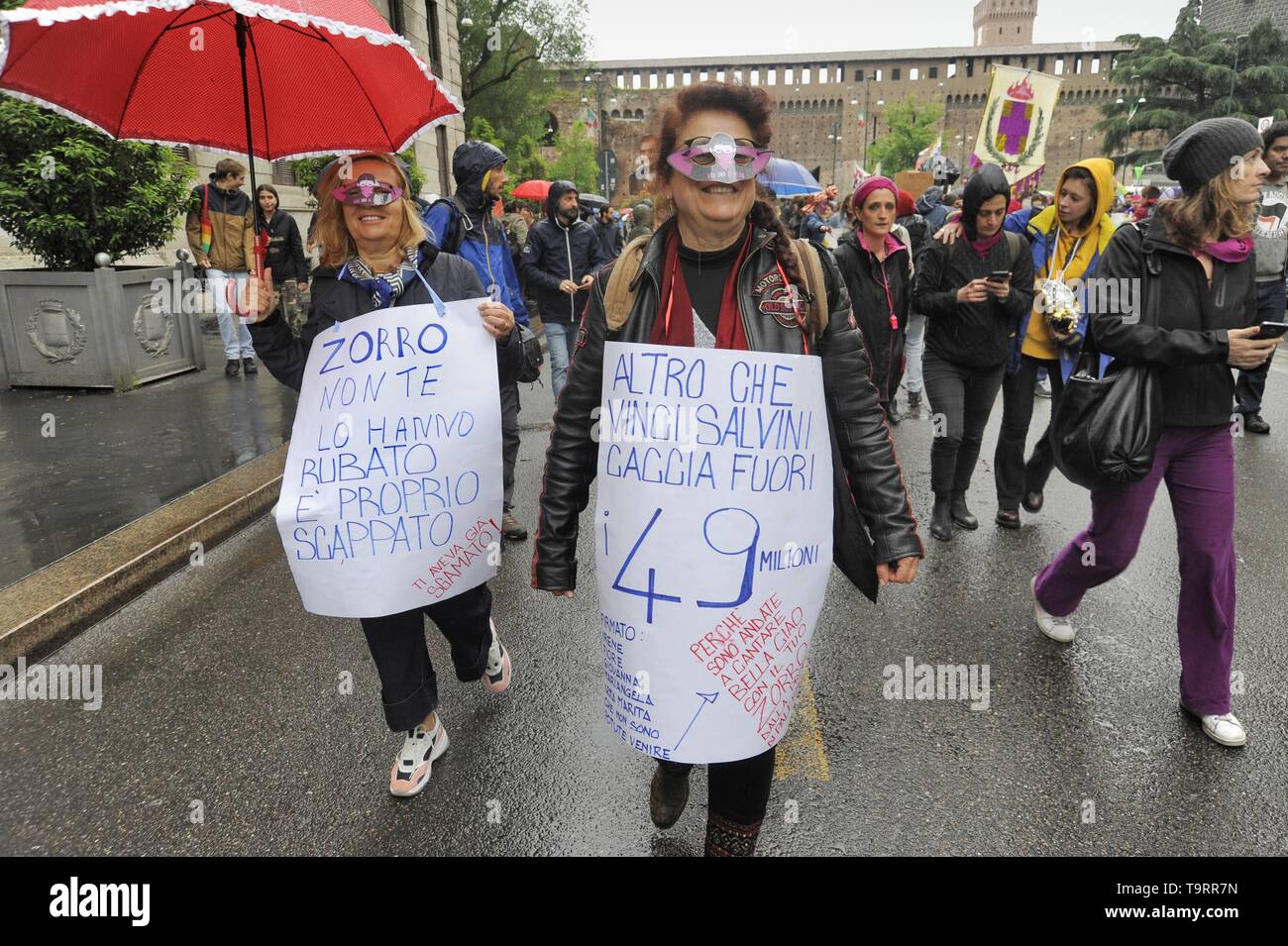 Milan, 18 May 2019, protest demonstration by democratic groups and organizations against an electoral gathering of souverainist and fascist European parties with the presence of Matteo Salvini, Marine Lepen and other extreme-right  political leaders Stock Photo