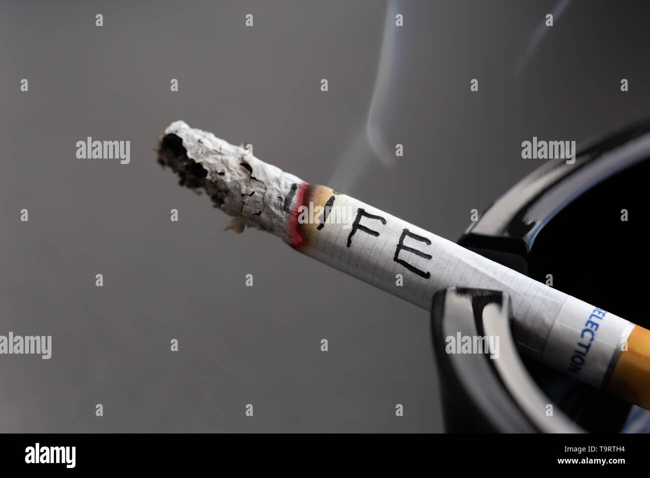Smoldering cigarette with a burning inscription 'Life'. The concept of bad habits. Stock Photo