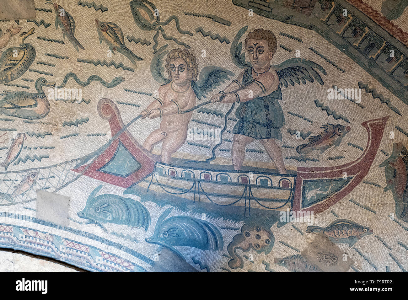 Roman mosaic of the fishing cupids in the Villa Romana del Casale, Piazza Armerina, Sicily, Stock Photo