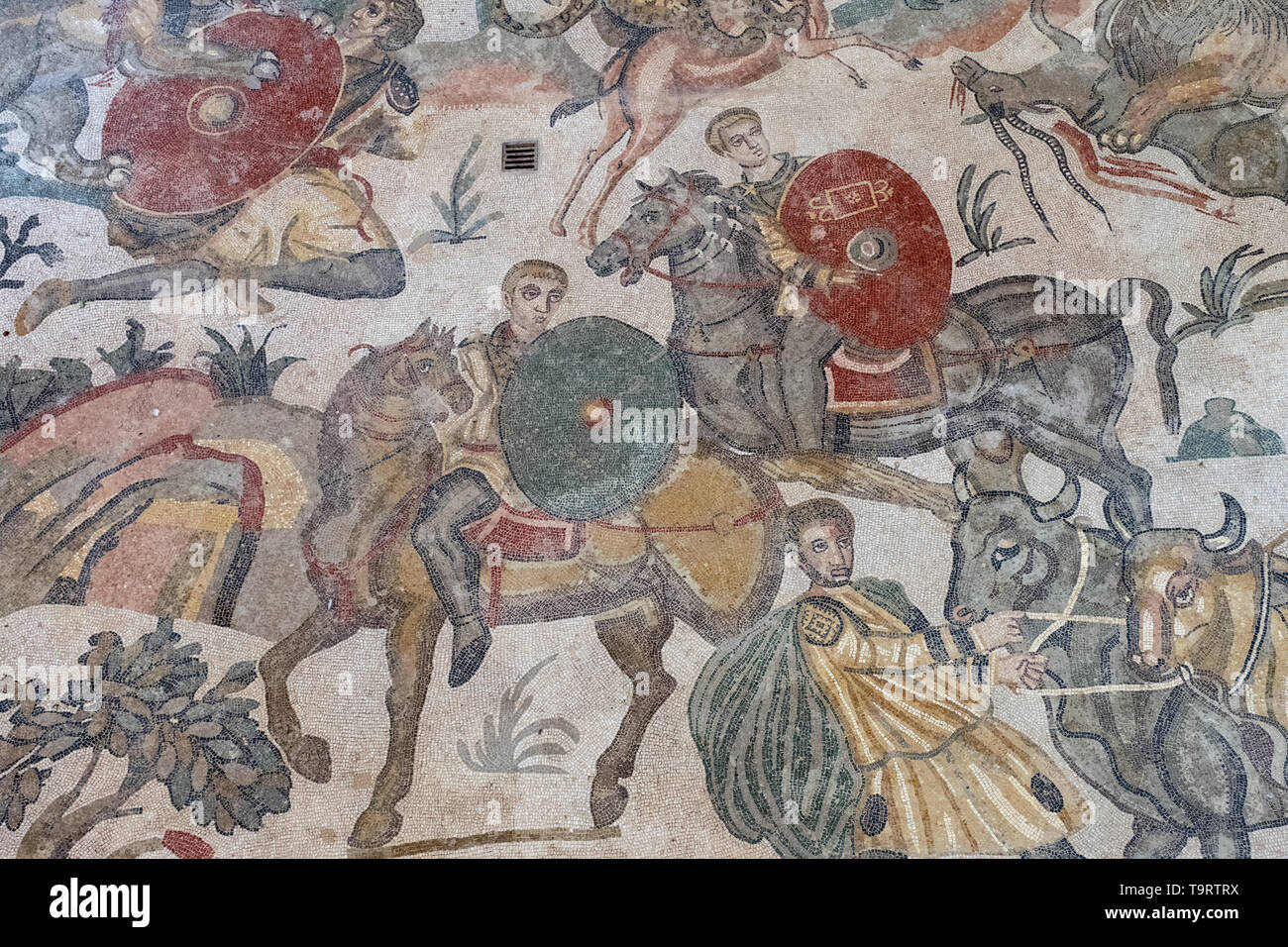 Great Hunt mosaic-capture and transportation of animals Roman mosaic in the Villa Romana del Casale, Piazza Armerina, Sicily, Italy. Stock Photo