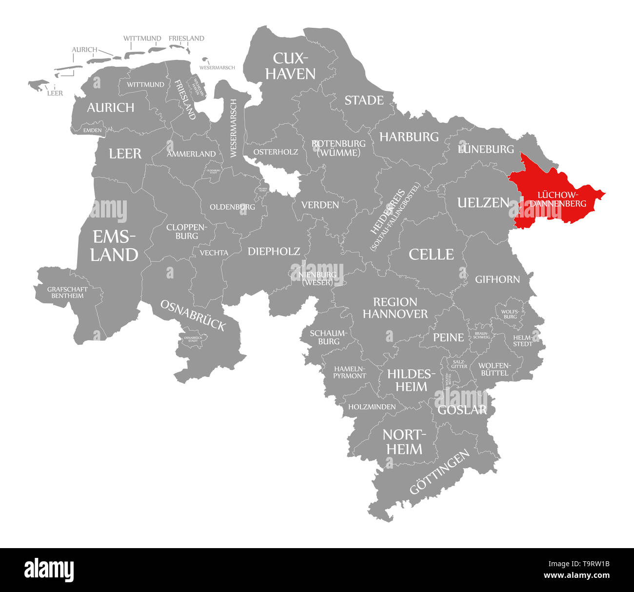 Luechow-Dannenberg county red highlighted in map of Lower Saxony Germany Stock Photo