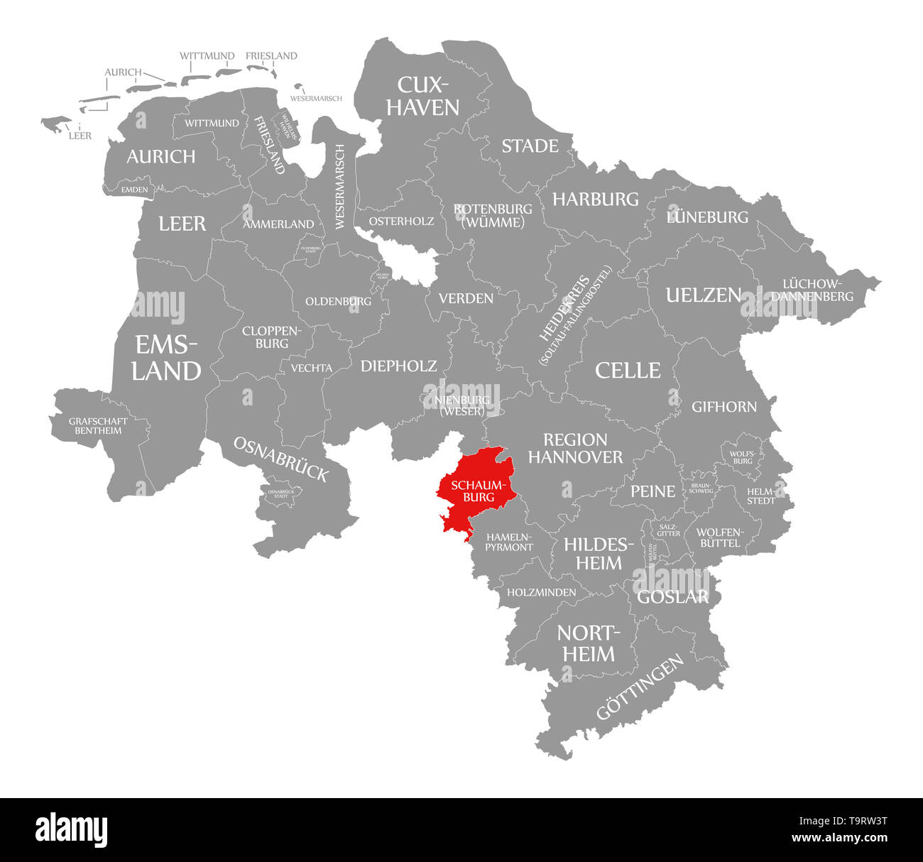 Schaumburg county red highlighted in map of Lower Saxony Germany Stock Photo
