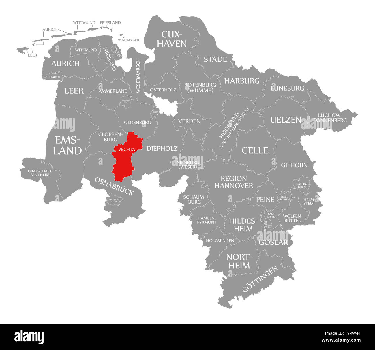 Vechta county red highlighted in map of Lower Saxony Germany Stock Photo