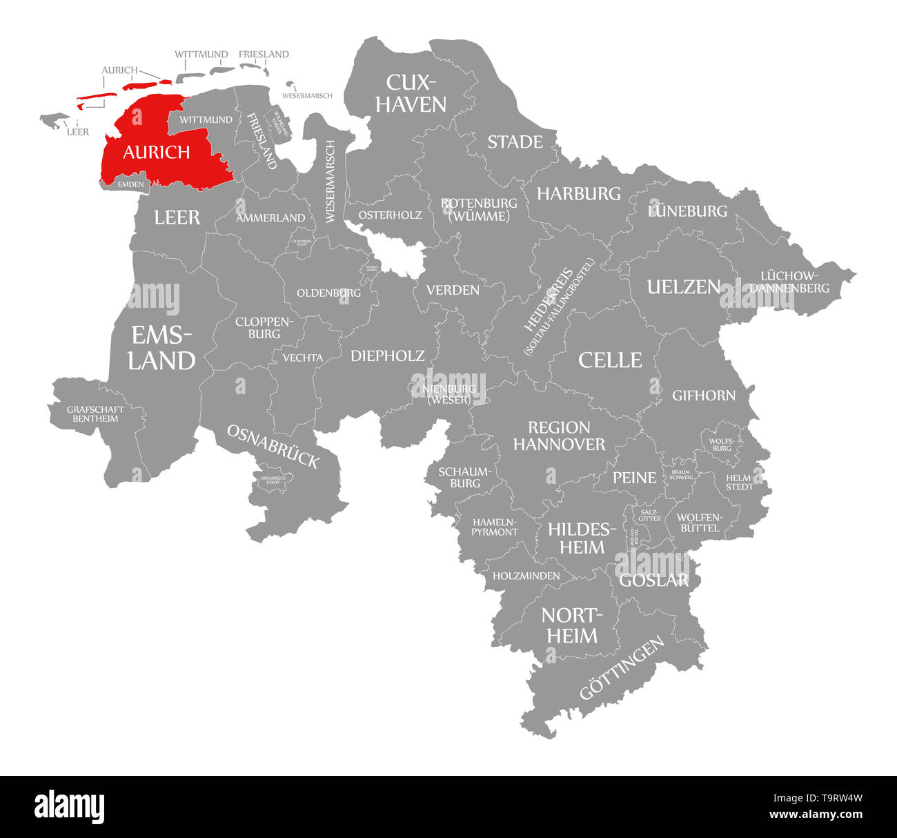 Aurich county red highlighted in map of Lower Saxony Germany Stock Photo