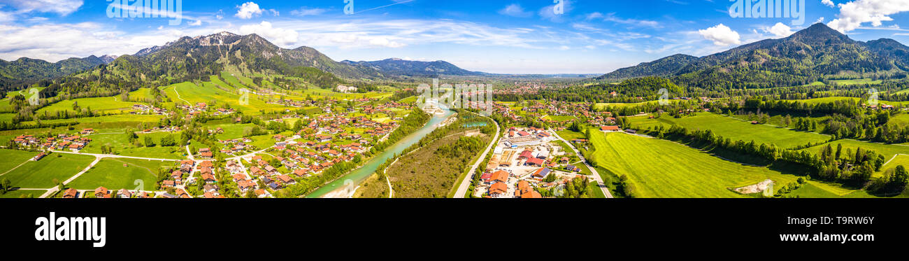 Aerial Brauneck Isar River Lenggriess Wegscheid. Bavarian Alps. Ski Resort. May 2019 Stock Photo