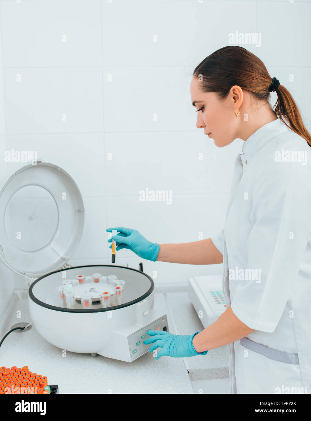 Scientist working with blood samples in vials on a centrifuge machine. Blood research Stock Photo