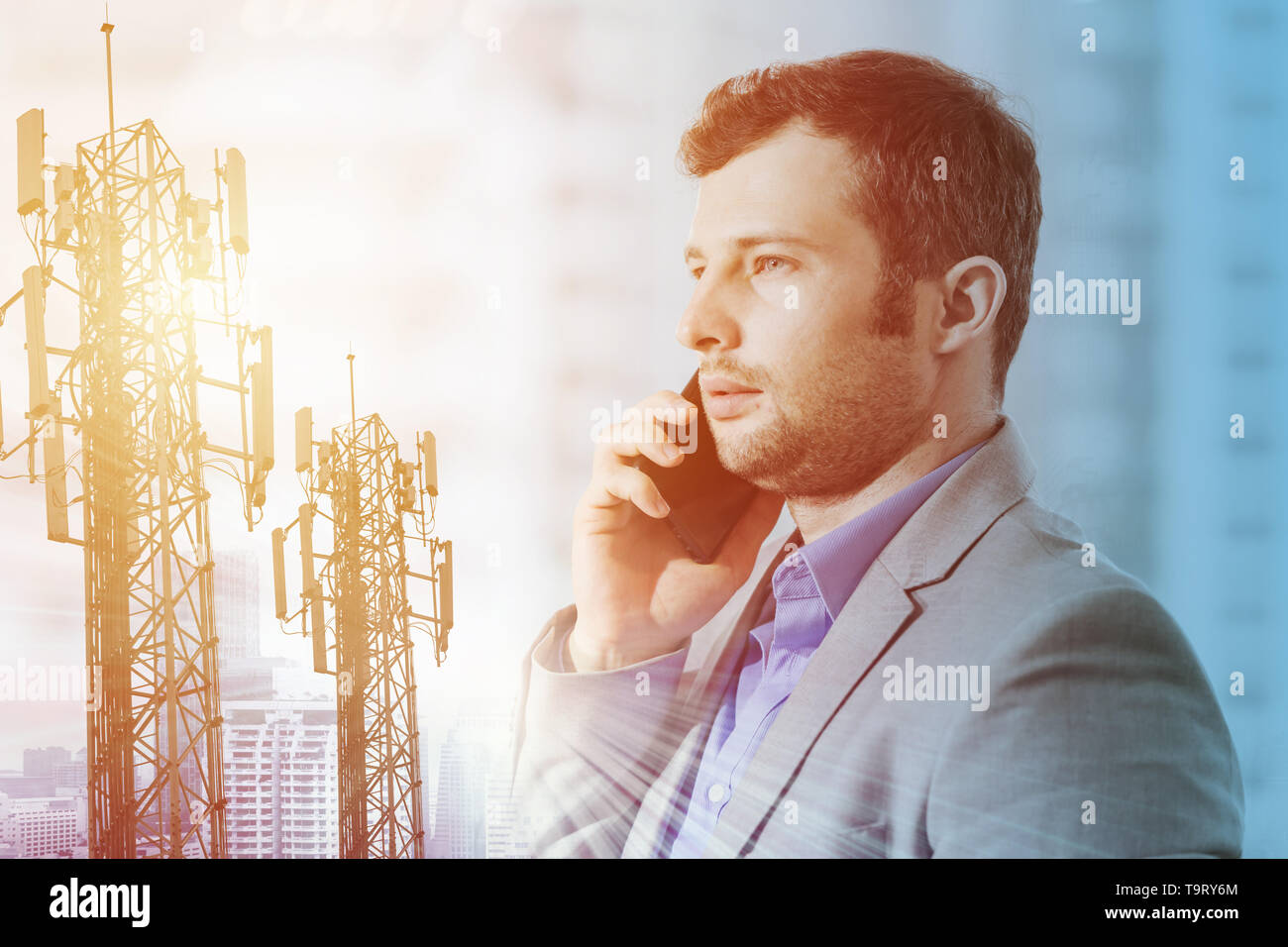 Busineesman on phone call for modern Telecommunication technology for business concept Stock Photo