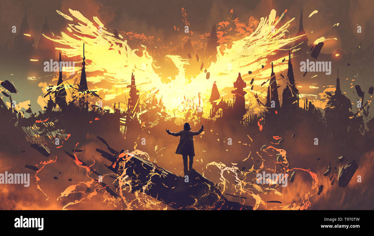 wizard summoning the phoenix from hell, digital art style, illustration painting Stock Photo