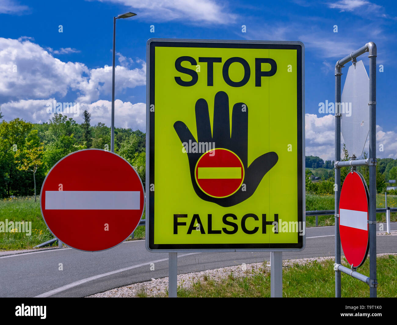 Road sign, stop with outstretched hand, wrong direction of the traffic, entrance forbade, Austria, Europe, Verkehrsschild, Stop mit ausgestreckter Han Stock Photo