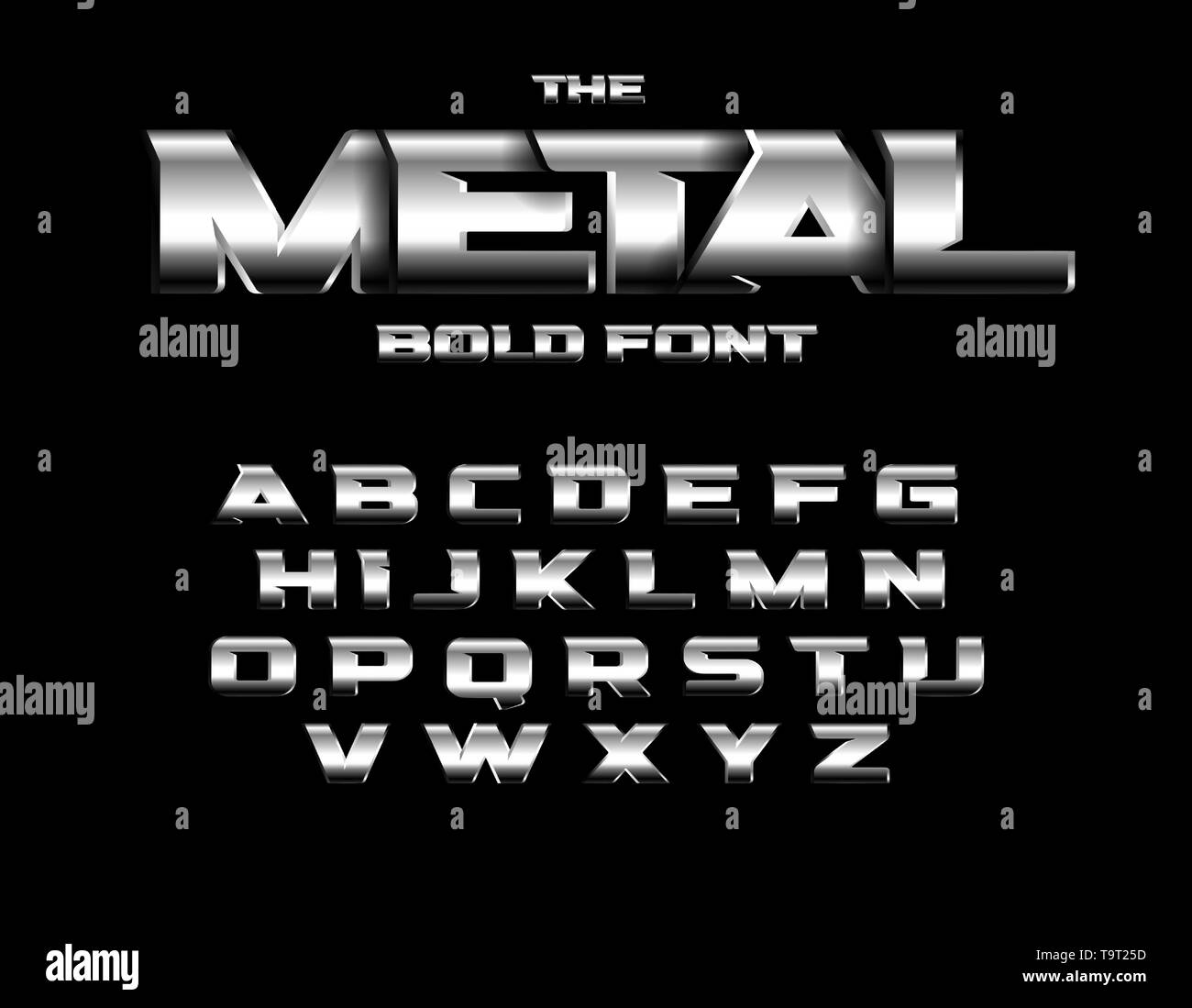 Brutal metallic style font. Set of metal bold letters with chrome and steel effect. Vector alphabet design. Stock Vector