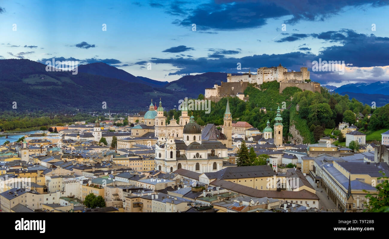 Salzburg, look at the Old Town and the fortress High salt castle in the evening, Austria, Europe, Blick auf die Altstadt und die Festung Hohensalzburg Stock Photo