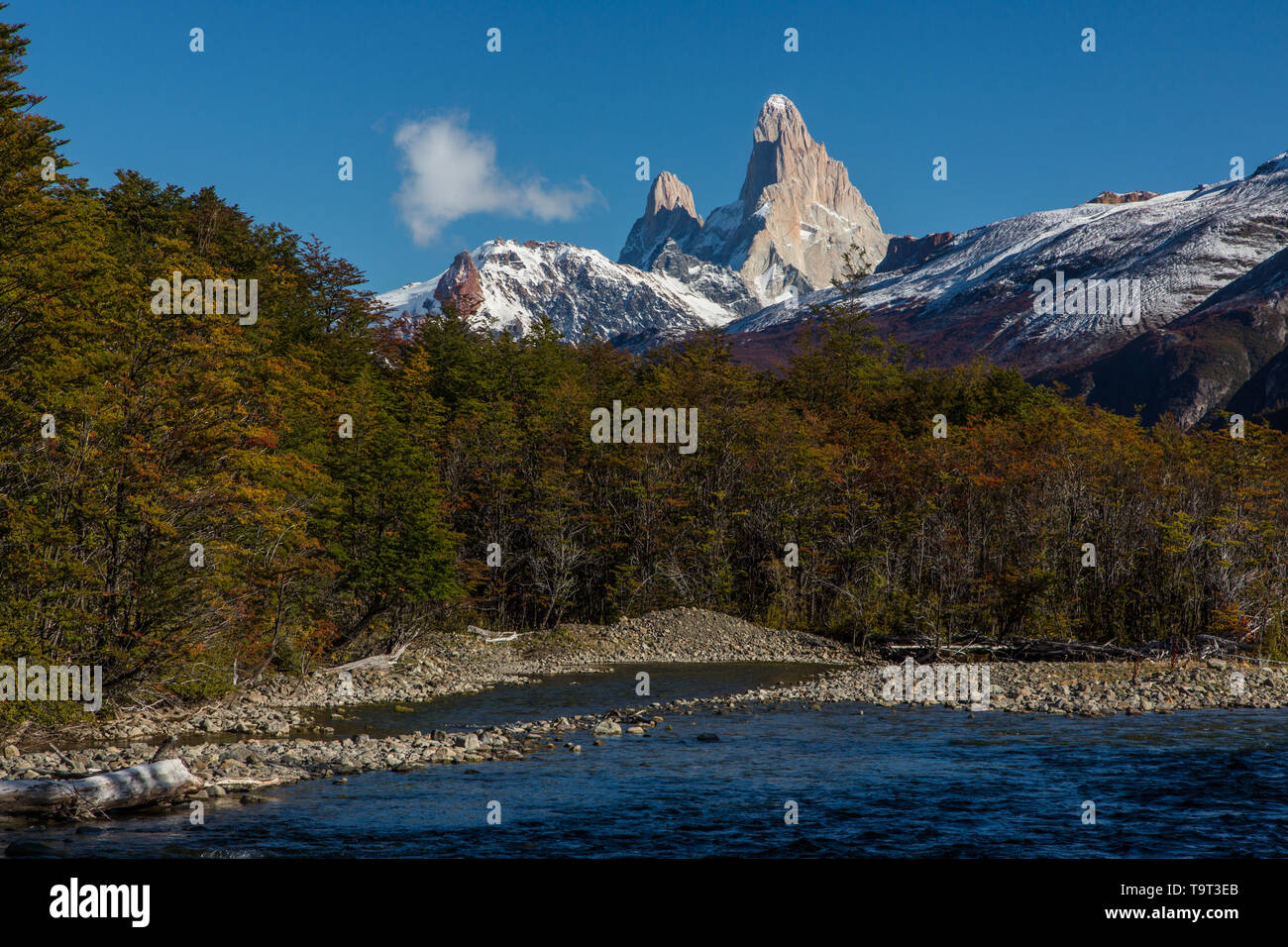 Mount Fitz Roy and Cerro Poincenot in Los Glaciares National Park, as seen from north of El Chalten, Argentina, in the Patagonia region of South Ameri Stock Photo