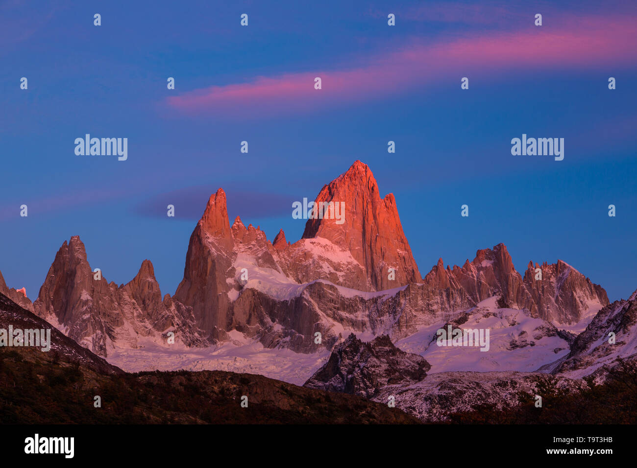 The Fitz Roy Massif in pastel pre-dawn morning twilight.   Los Glaciares National Park near El Chalten, Argentina.  A UNESCO World Heritage Site in th Stock Photo