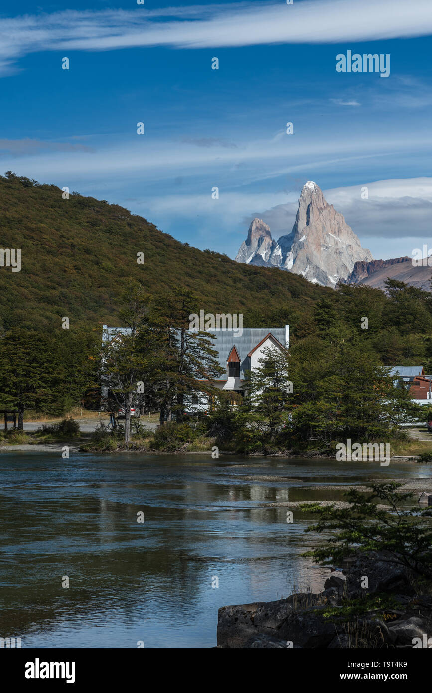 Mount Fitz Roy and Cerro Poincenot in Los Glaciares National Park, as seen from from the north at Lago Desierto, north of El Chalten, Argentina, in th Stock Photo