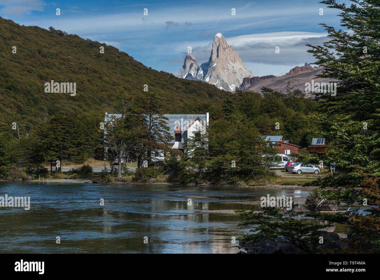 Mount Fitz Roy and Cerro Poincenot in Los Glaciares National Park, as seen from from the north at Lago Desierto, north of El Chalten, Argentina, in th Stock Photo
