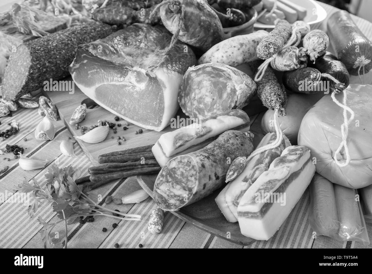 Variety of meats, sausages and mince on table Stock Photo Alamy