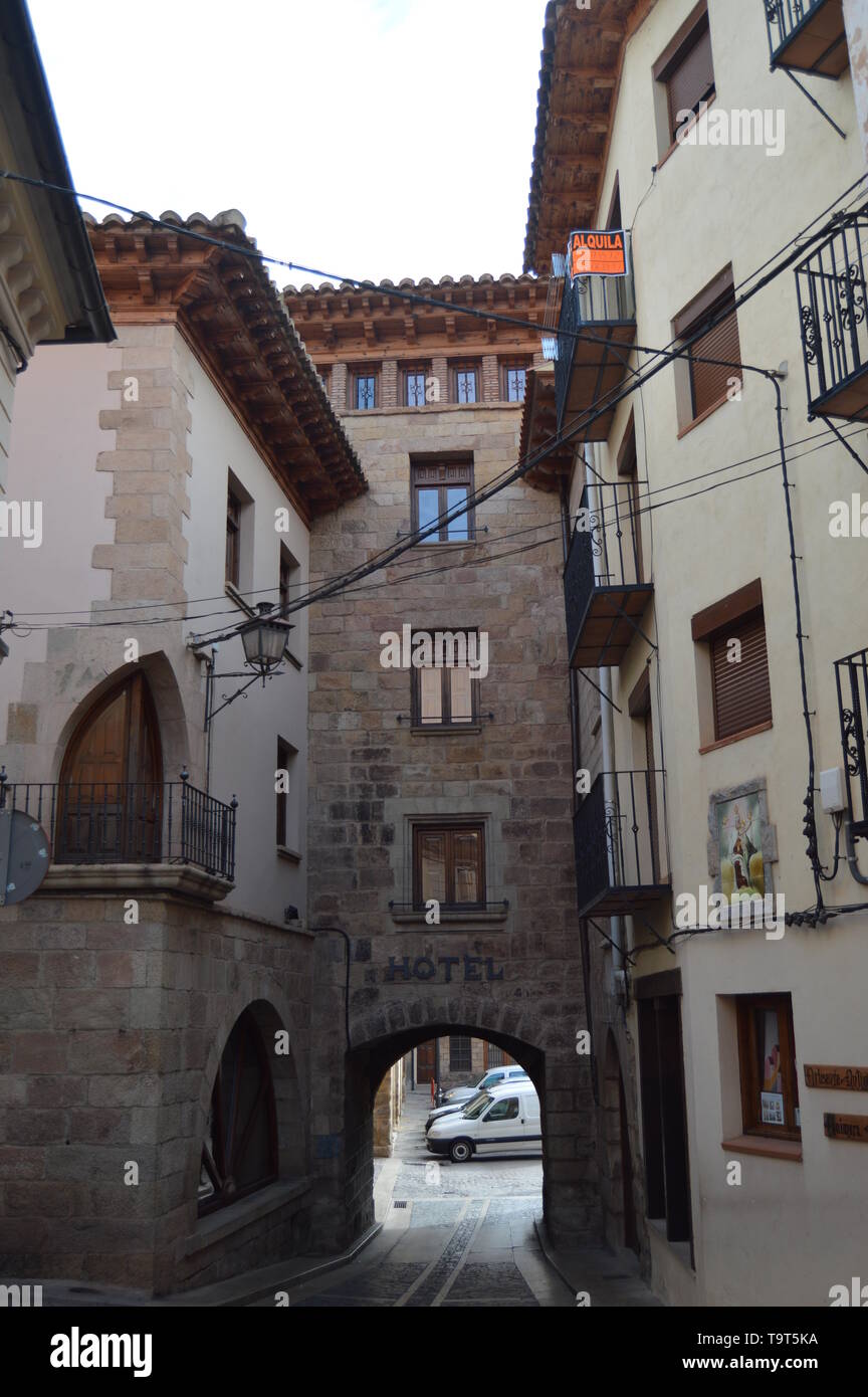 December 27, 2013. Mora De Rubielos. Teruel, Aragon, Spain. Beautiful Medieval Tower In The Plaza De La Villa. History, Travel, Nature, Landscape, Vac Stock Photo
