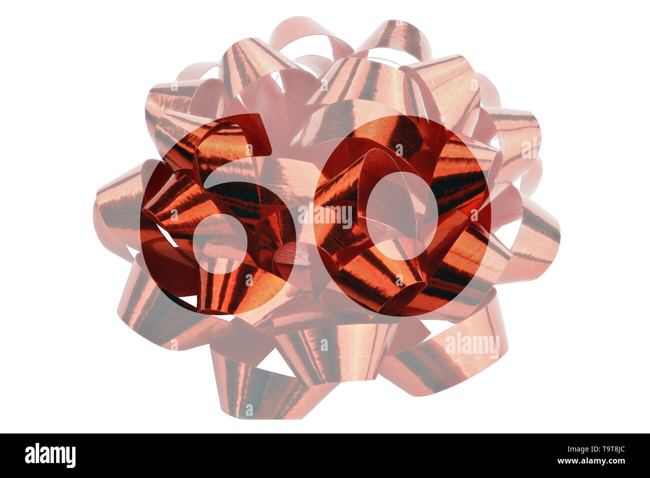 The number 60 highlighted in front of a macro shot of red gift ribbon Stock Photo