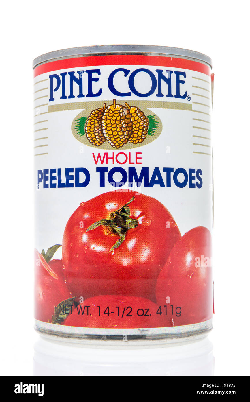 Winneconne, WI - 11 May 2019 : A can of Pine Cone whole peeled tomatoes