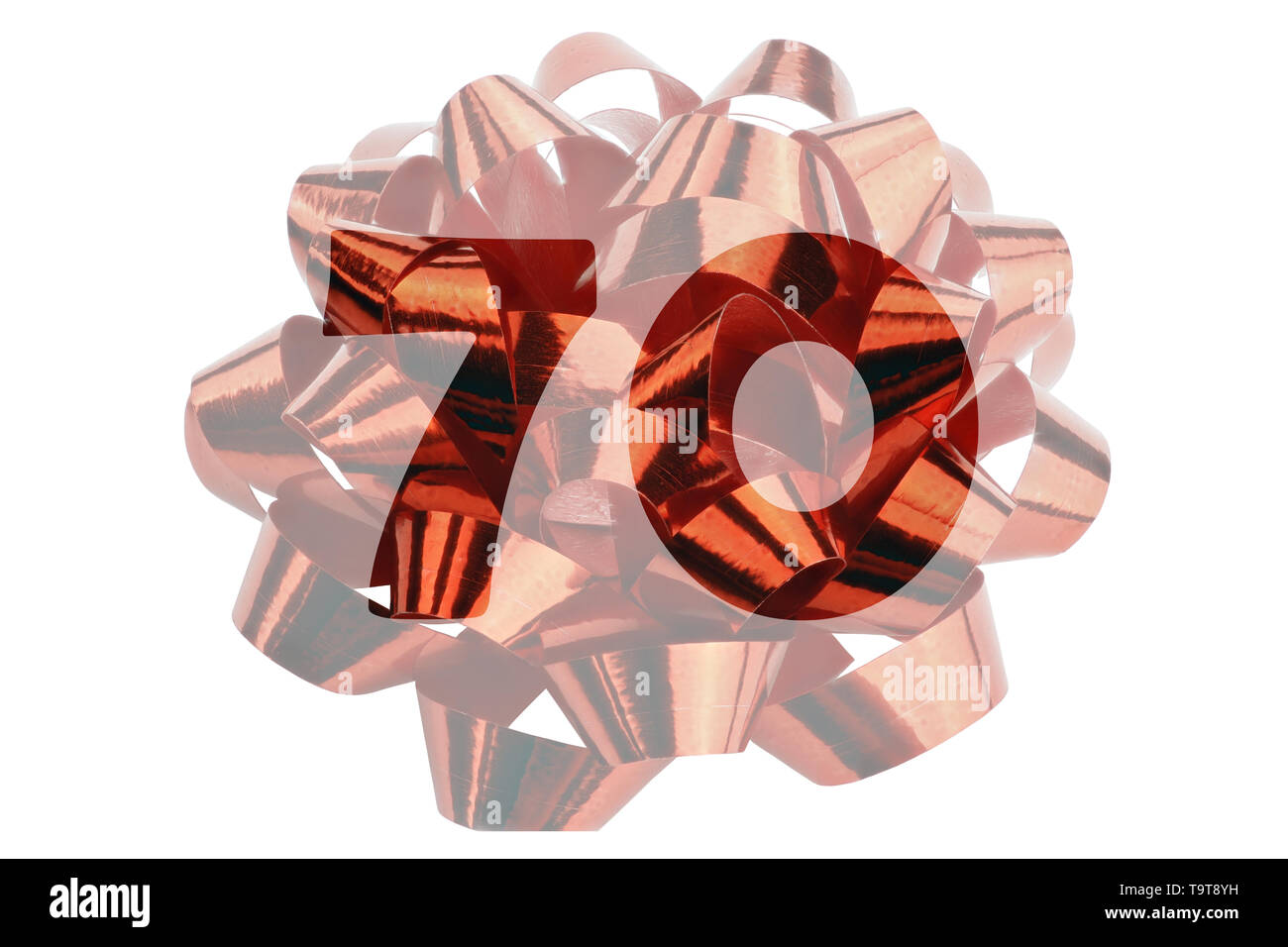 Highlighted number 70 in front of a closeup photograph of a red gift bow Stock Photo