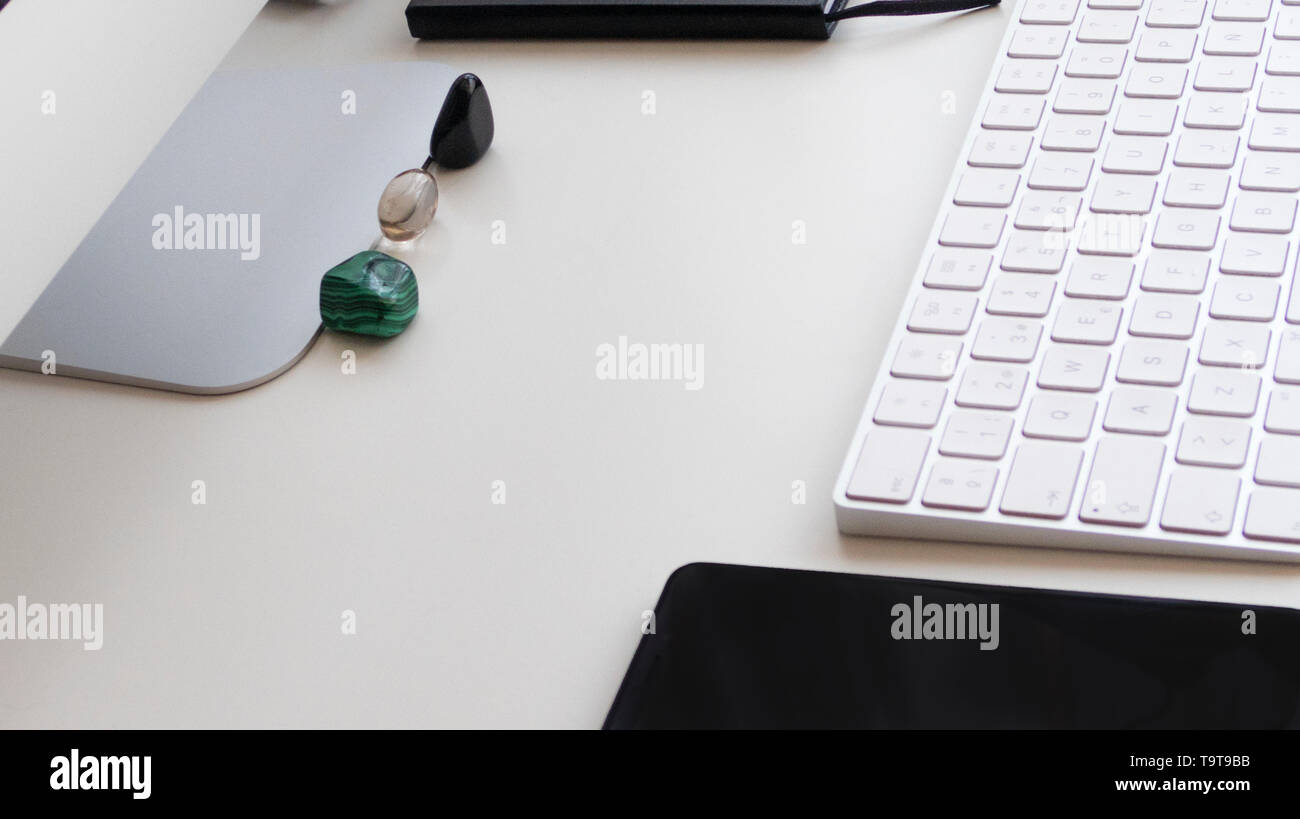 Desk table, office table with computer keyboard. Business table background.return work Stock Photo