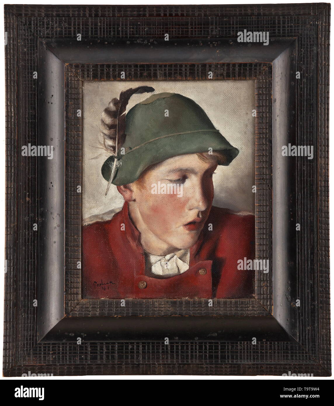 Paul Padua (1903 - 1981) - 'Bauernbub' (tr. 'Country Lad') Oil on canvas, signed at the bottom left and dated 'Padua 41'. Three-quarter profile of a boy in a red jacket and a green felt hat trimmed with a feather. In the original wooden moulded frame (slightly damaged), on the reverse the original metal seal of the Great German Art Exhibition 1942. Signs of age. Size of the painting 30 x 23.5 cm, size of the frame 49 x 43 cm. Comes with a photographic print of the painting in the Great German Art Exhibition 1942. The Bavarian painter Paul Padua was held in high esteem by hi, Editorial-Use-Only Stock Photo