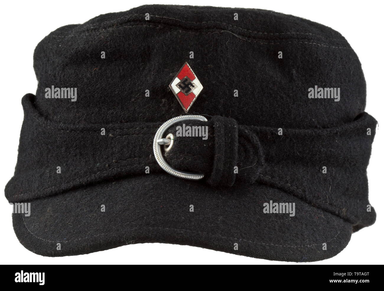 A Winter Cap For Members Of The Hitler Youth Dark Blue Woollen Cloth Black Inner Liner With Size Stamping 56 Beneath The Brown Leather Sweatband A Sewn In Hj Rzm Cloth Tag Enamelled Hj Diamond