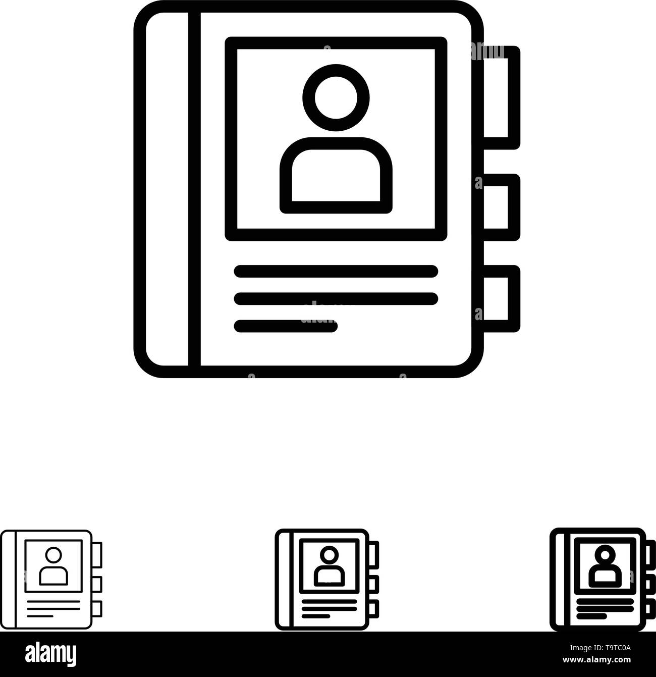 Phone, Book, Diary, Info Bold and thin black line icon set Stock Vector