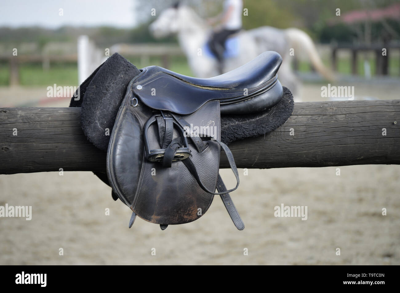 Horse saddle on wooden round beam, horse riding background Stock Photo
