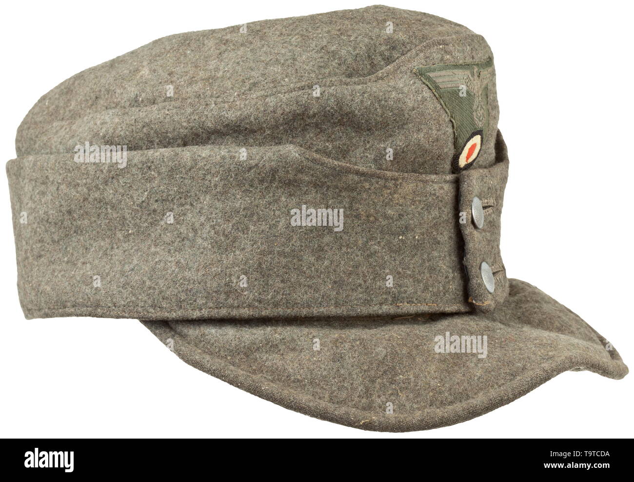 A field cap M 43 for enlisted men/NCOs of the army Field-grey wollen cloth, grained aluminium buttons, BeVo-woven cap trapezoid, light linen liner (sweat stains). In used condition. historic, historical, army, armies, armed forces, military, militaria, object, objects, stills, clipping, clippings, cut out, cut-out, cut-outs, 20th century, Editorial-Use-Only Stock Photo