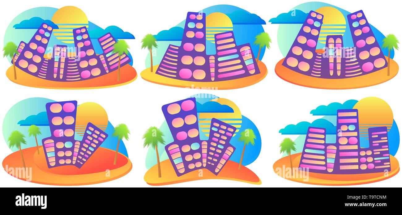 Summer City With Palm And Sun Fluid Gradient Design Banner Set