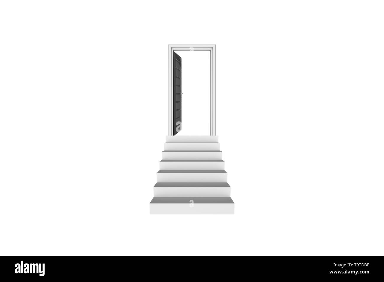 3d rendering front view of stairs and open door isolated on white