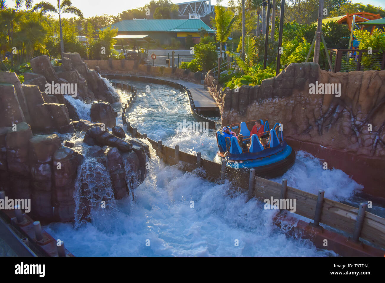 Seaworld Waterfall Ride Orlando, Florida. January 19, 2019. People enjoying river attraction ...