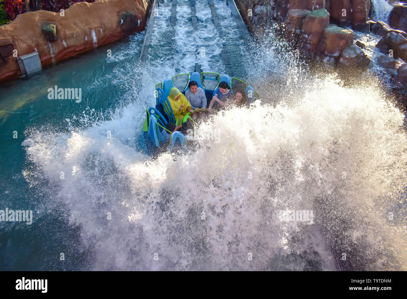 Seaworld Waterfall Ride Orlando, Florida. January 19, 2019. People having fun river attraction ...
