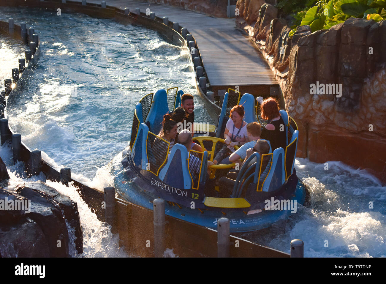 Seaworld Waterfall Ride Orlando, Florida. January 19, 2019. People having fun river attraction ...