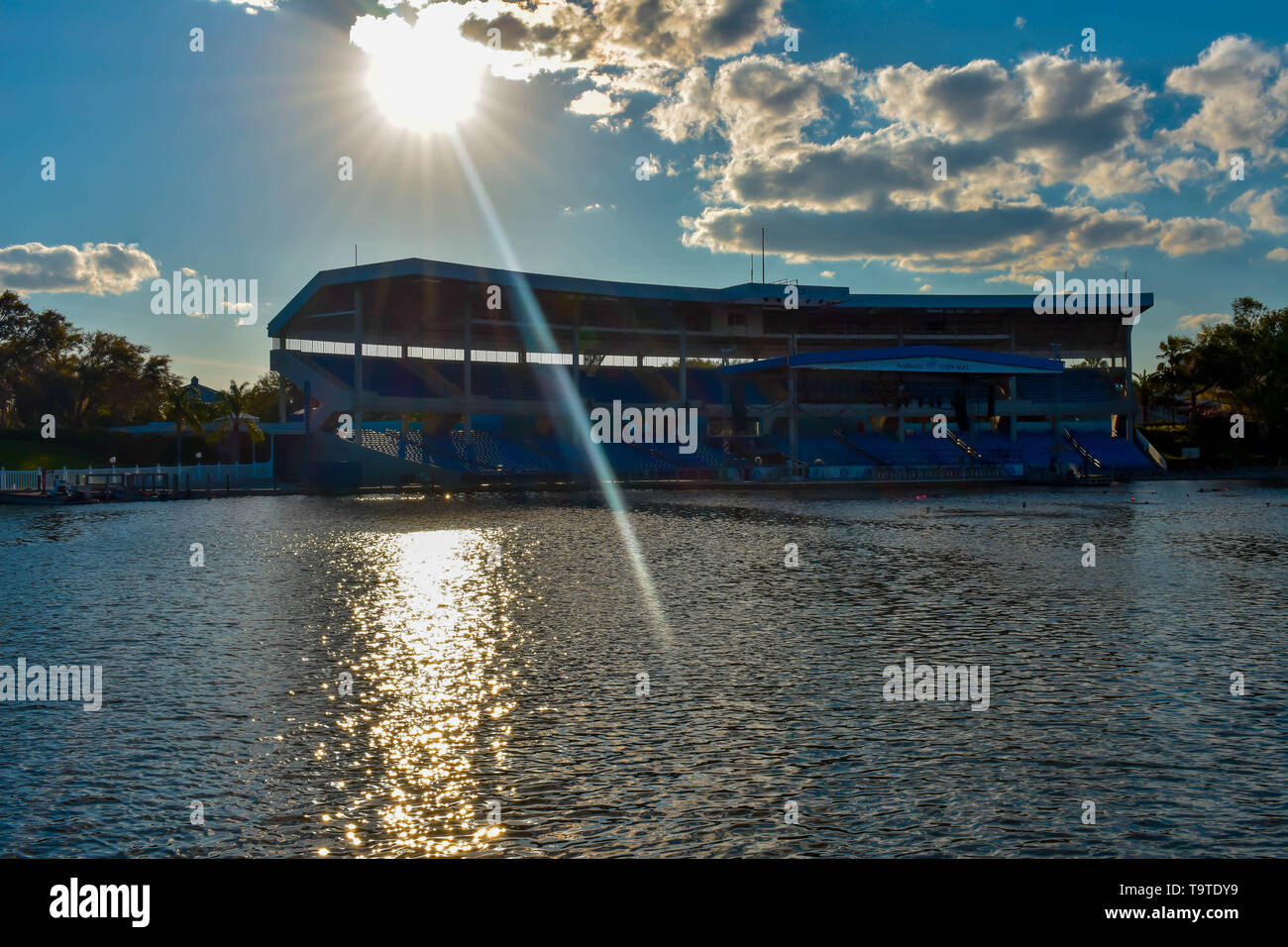 Orlando, Florida. March 09 2019. Bayside Stadium on sunset background at Seaworld in