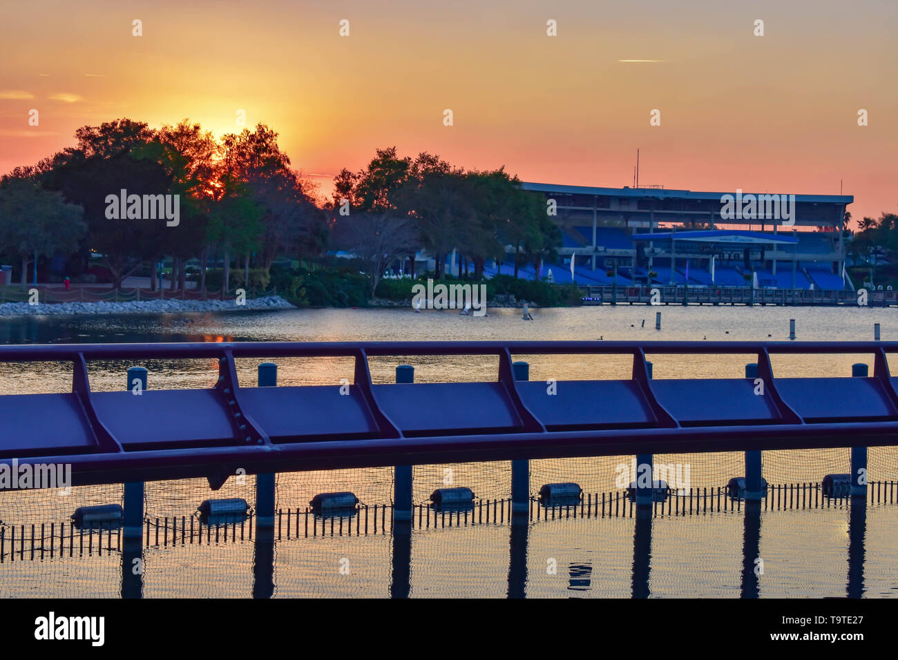 Orlando, Florida. March 09 2019. Partial view of Bayside Stadium and Bridge on colorful sunset at Seaworld in International Drive area  (2) Stock Photo