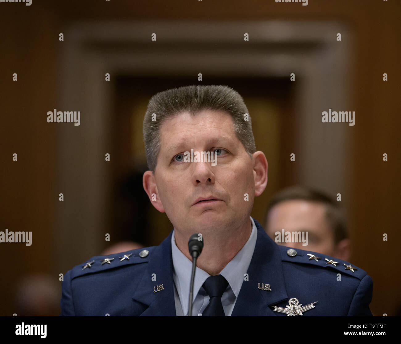 Lt. Gen. David D. Thompson, Vice Commander, Space Command, United States Air Force, testifies before the Aviation and Space Subcommittee of the Senate Commerce, Science, and Transportation Committee during a hearing on The Emerging Space Environment: Operational, Technical, and Policy Challenges at the Dirksen Senate Office Building May 14, 2019 in Washington, DC. Stock Photo