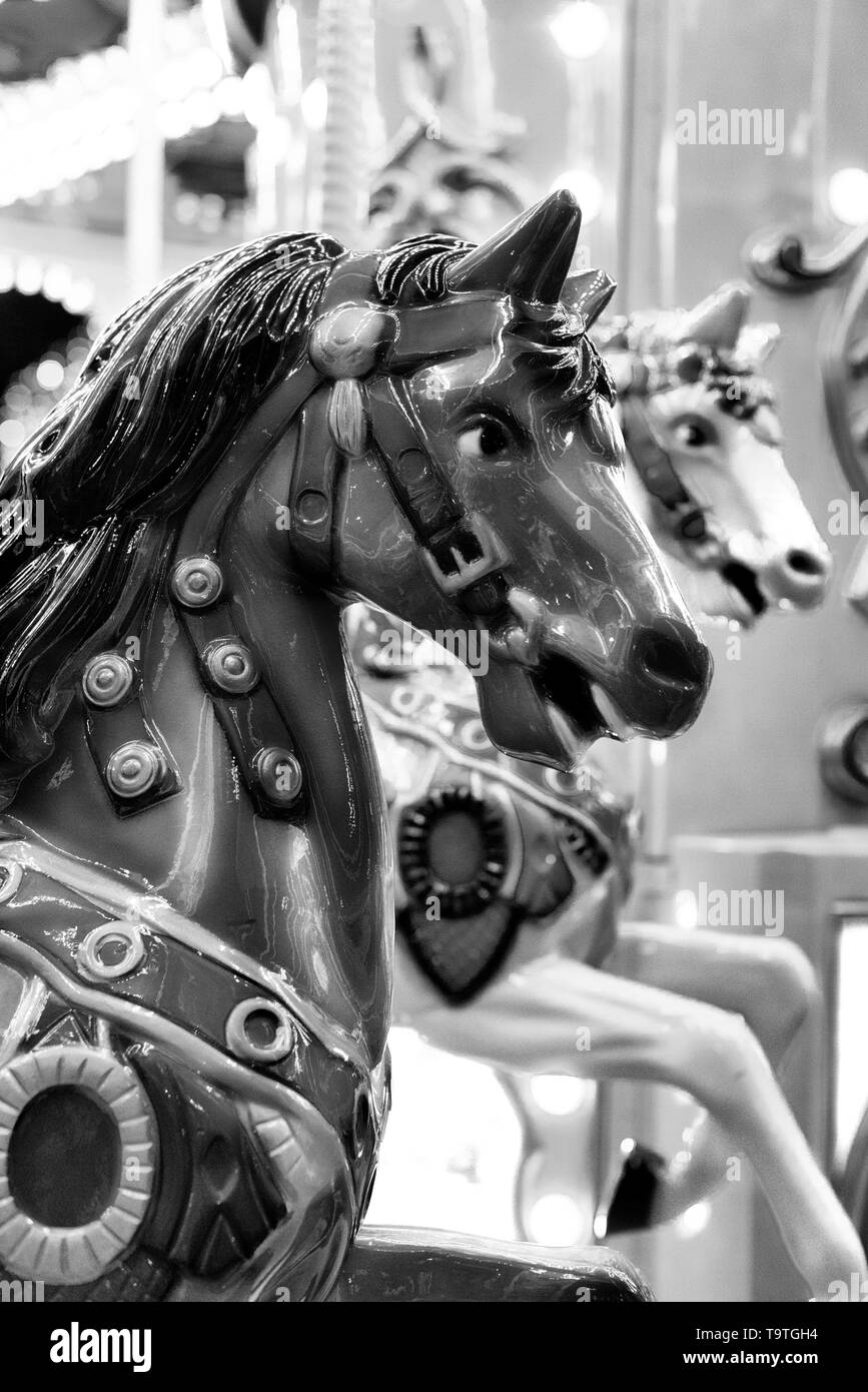 carousel horse in black and white with bokeh Stock Photo