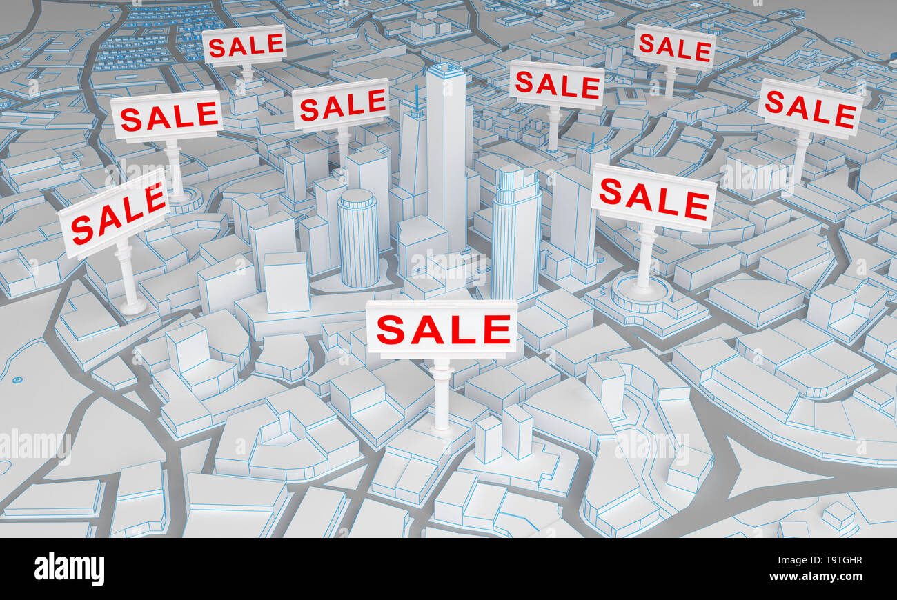abstract city with board with inscriptions sale. 3d rendering Stock ...