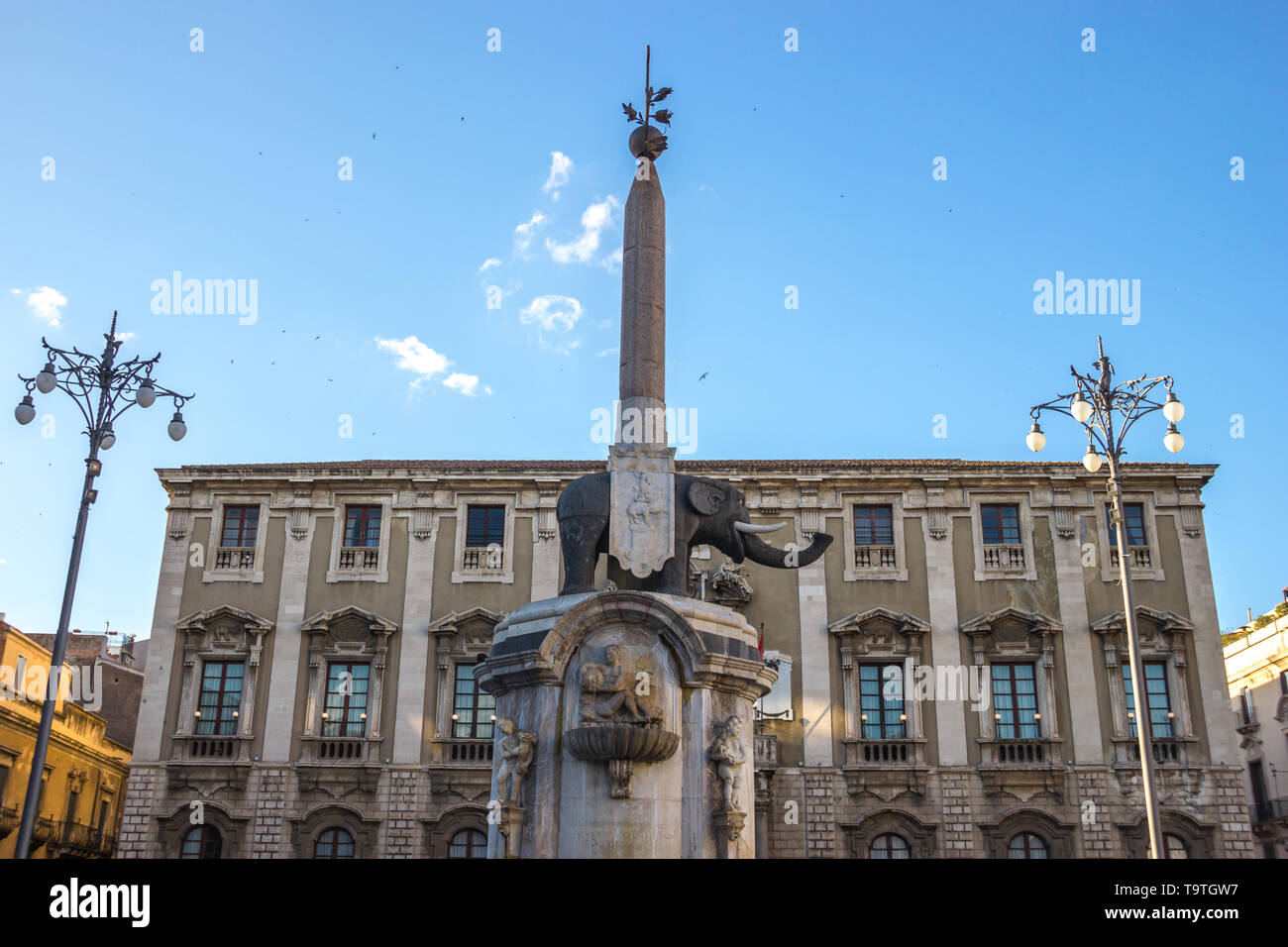 Catania baroque square with historical elephant statue from side Stock