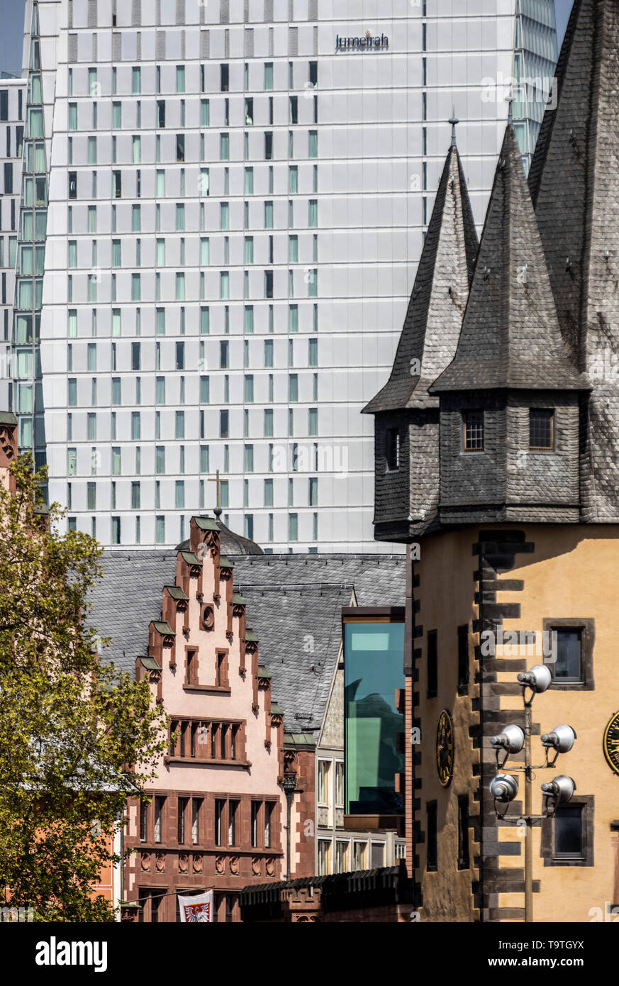 Skyline of Frankfurt am Main, skyscrapers, building contrasts, Jumeirah Hotel, gable faade on the Ršmer, slate tower of the Saalhof, Renten-Zoll-Towe Stock Photo