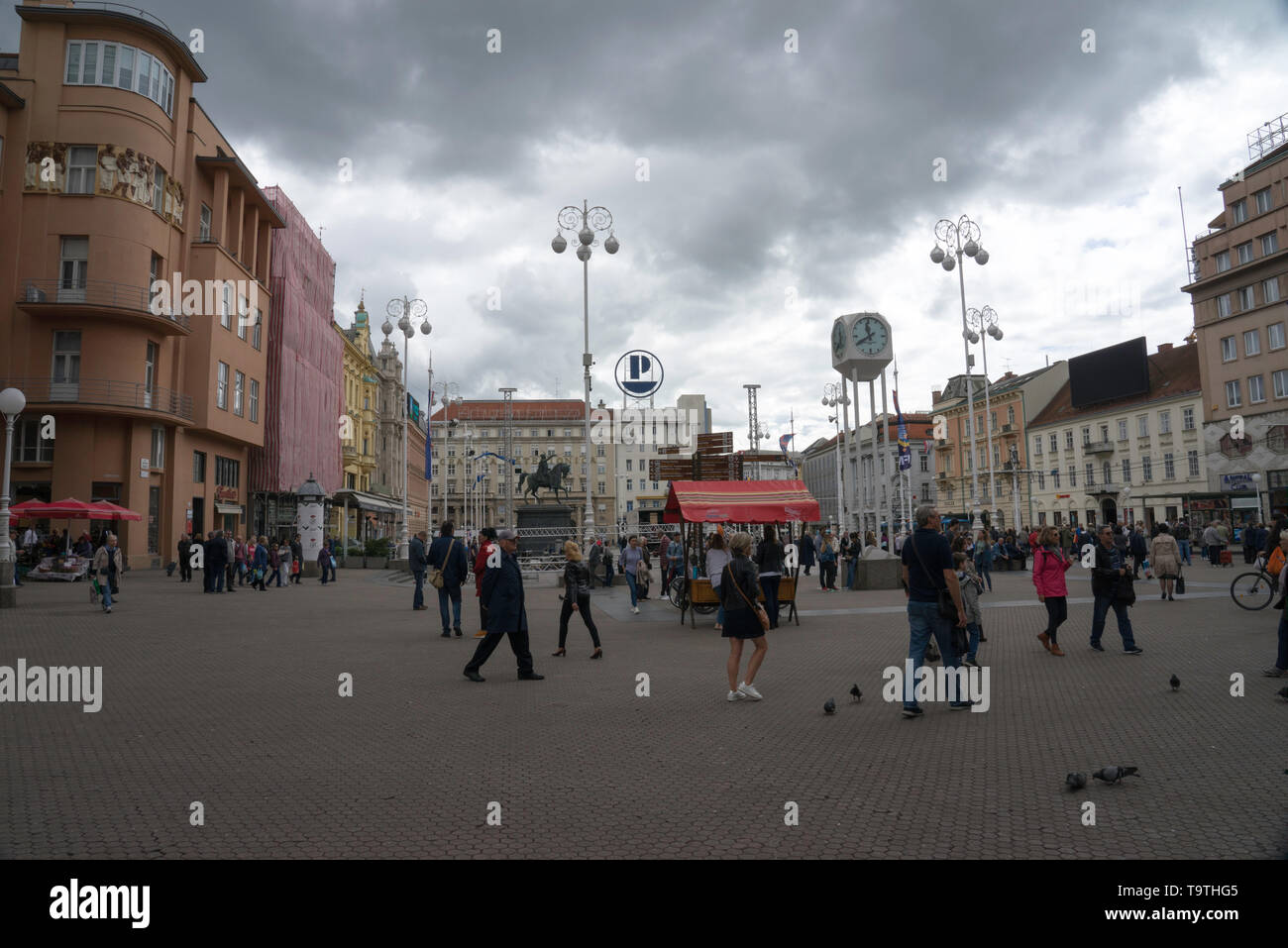 Main square, Trg Ban Jelačić, Zagreb, Croatia on a cloudy day Stock Photo