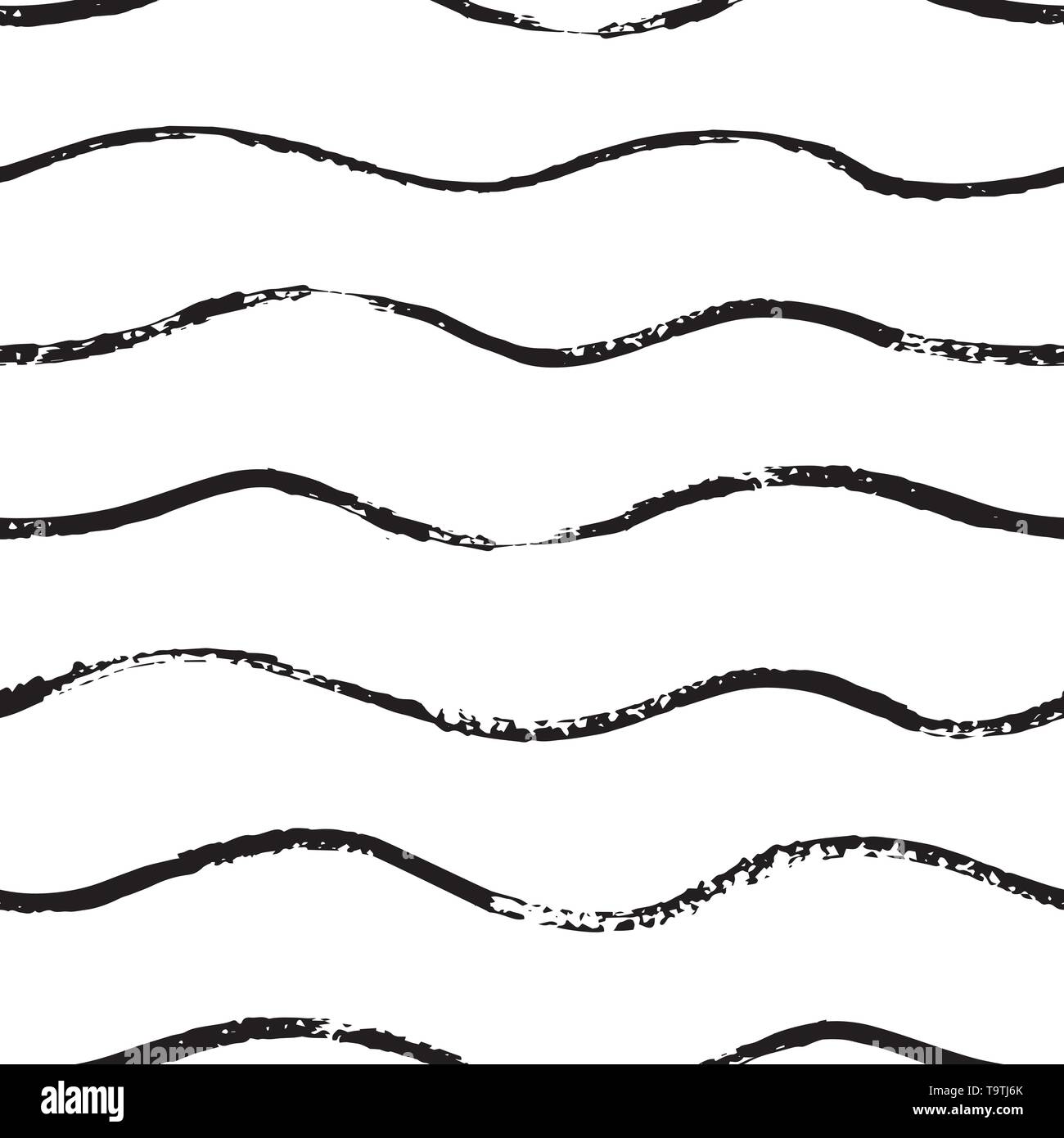 Wave Brush hand draw seamless pattern. Abstract lines background with wavy brush strokes. Black and white endless texture. Design for t-shirt Stock Vector
