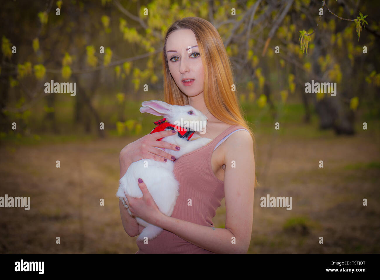 Beautiful girl with a white rabbit. A woman is holding a hare. Fluffy ...