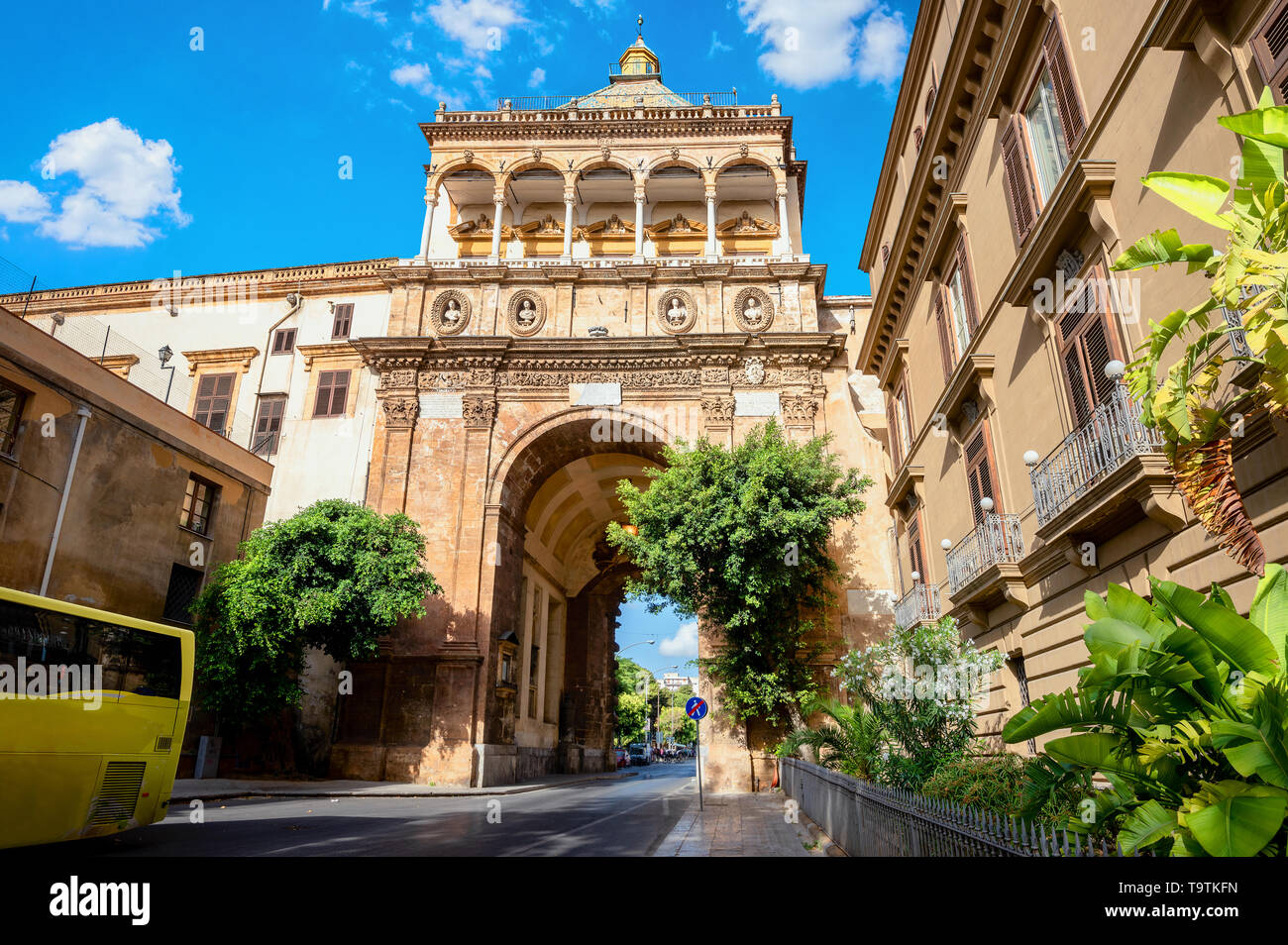 Cityscape with medieval gate Porta Nuova (New Gate) in Palermo. Sicily, Italy Stock Photo