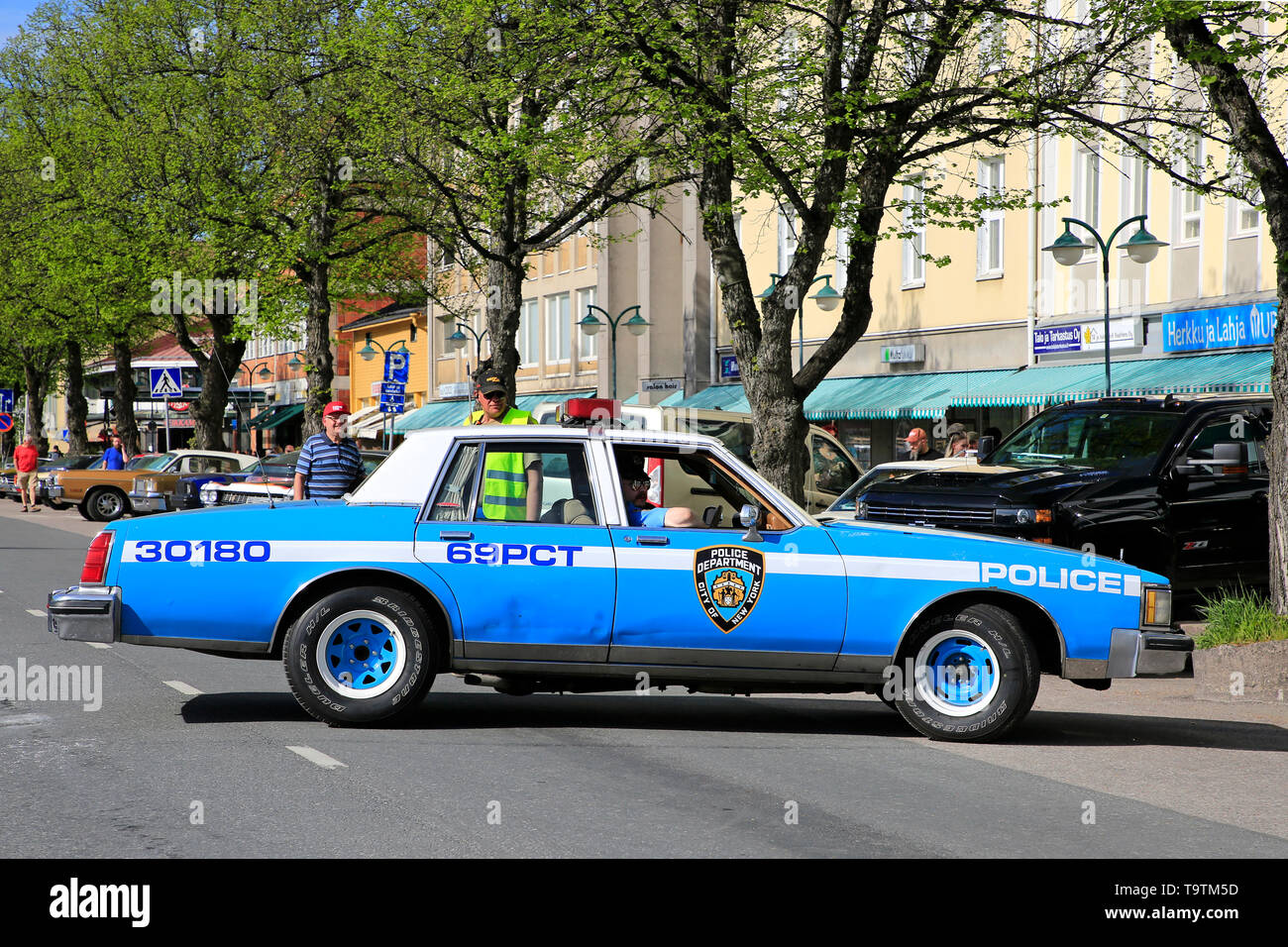 Salo; Finland. May 18; 2019. Late70s or early 80s Oldsmobile City of NY Police Department police car on the street. Salon Maisema Cruising 2019. Stock Photo