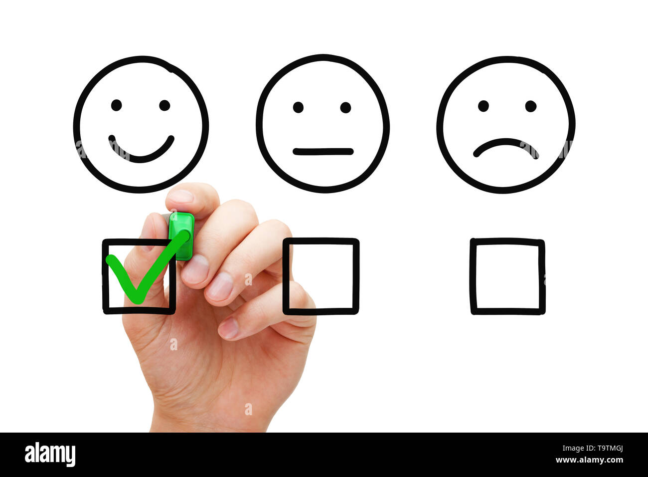 Happy customer evaluating with green marker check mark on feedback survey. Client satisfaction business service concept. Stock Photo
