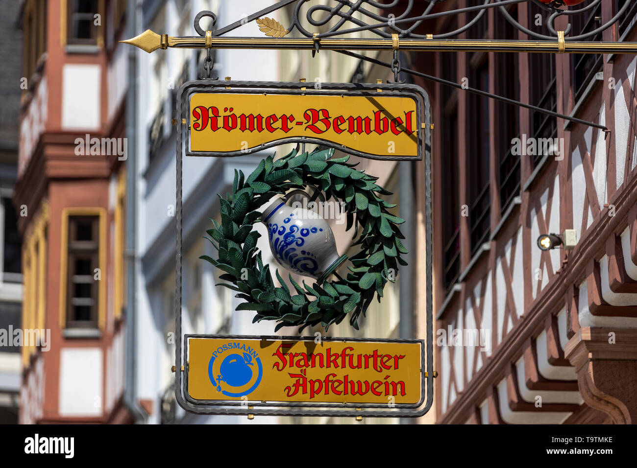 The Ršmer, City Hall of Frankfurt am Main, Ršmerberg Platz, sign for an apple wine restaurant, Stock Photo
