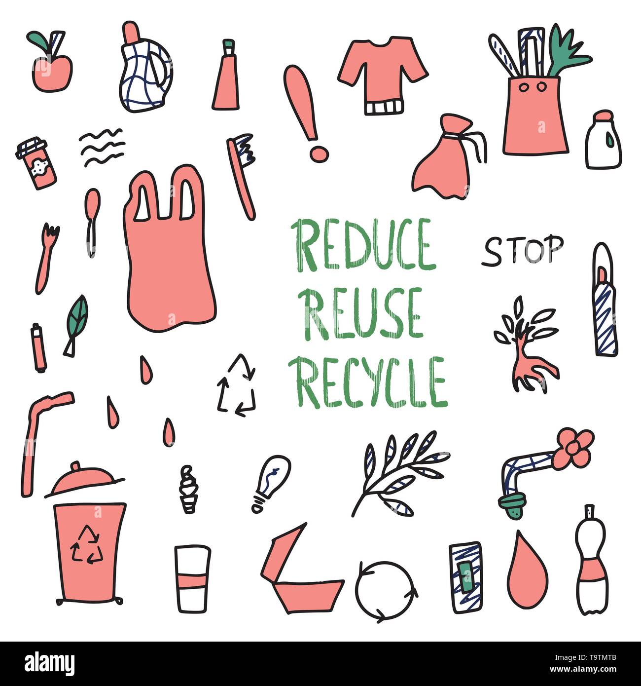 Reduce Reuse Recycle concept. Quote with eco lifestyle elements. Emblem ...